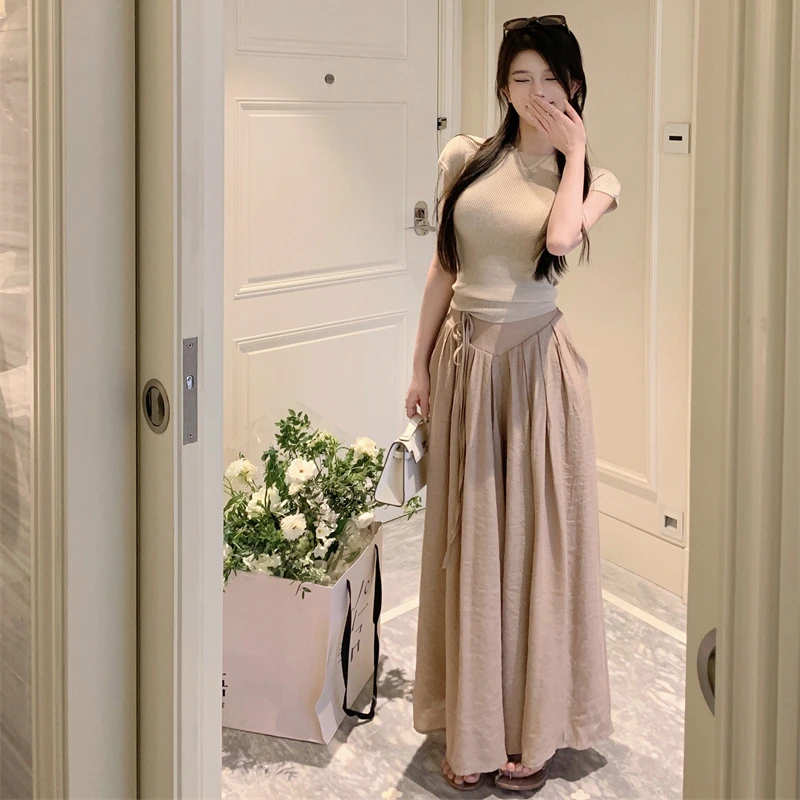 夏季新款纯色宽松阔腿休闲裤女长款松紧腰高腰裙裤短袖针织衫套装