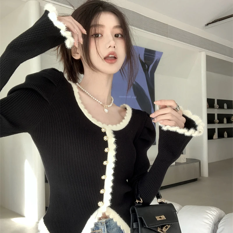 秋冬时髦法式公主袖名媛针织衫温柔气质设计感花边毛衣外穿上衣女