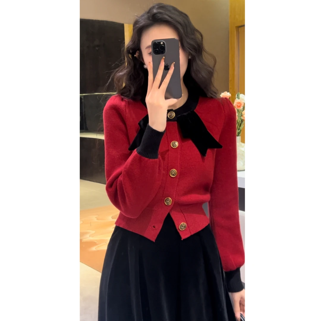 法式复古气质蝴蝶结圆领撞色针织开衫小众设计感精致百搭显瘦上衣