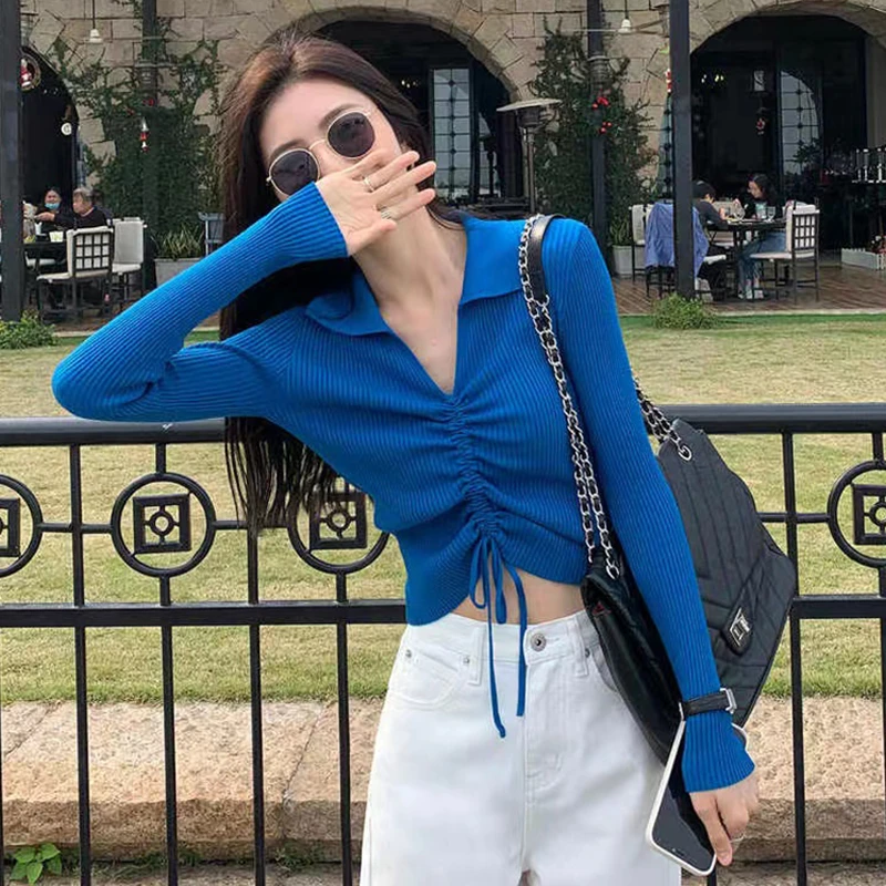 Polo衫女款爆款2025新款抽绳V领针织衫设计感露脐洋气上档次上衣