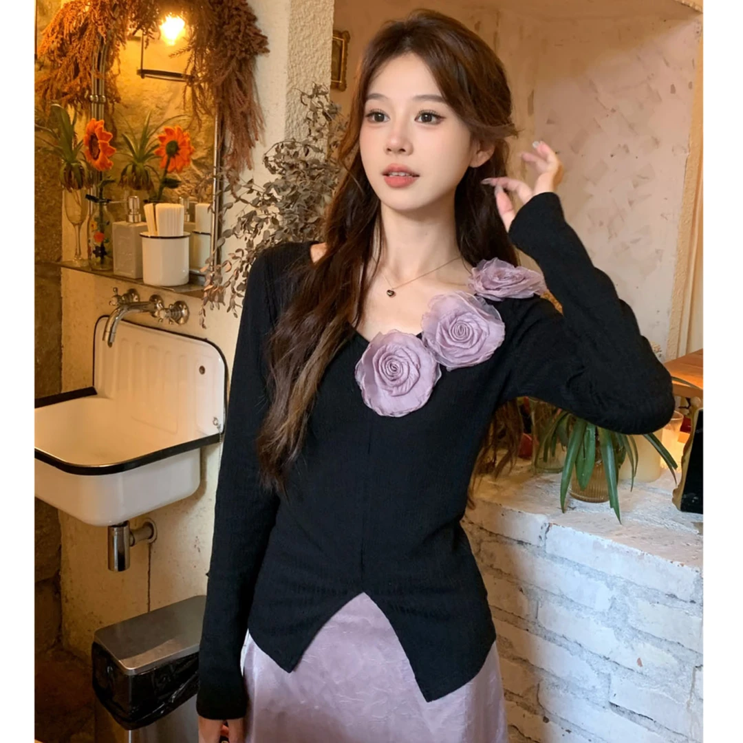 法式立体花显瘦长袖针织衫高级感上衣百搭半身裙秋冬爆款2024新款