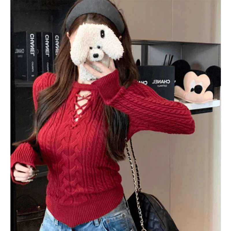 精致洋气复古设计感收腰显瘦打底毛衣女修身显瘦百搭长袖针织上衣