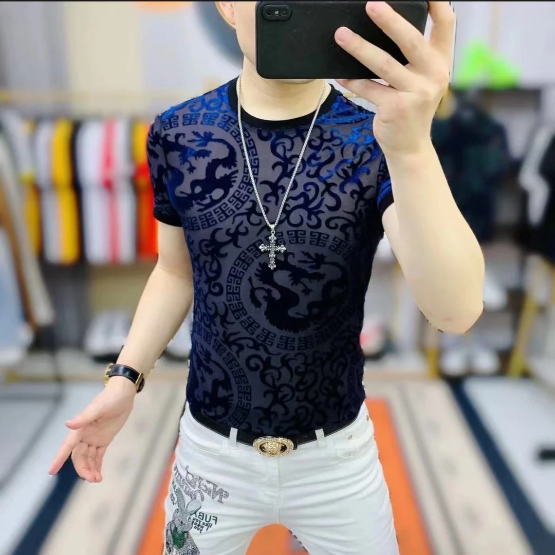 男士春夏新品时尚潮流高品质植绒印花圆领短袖T恤