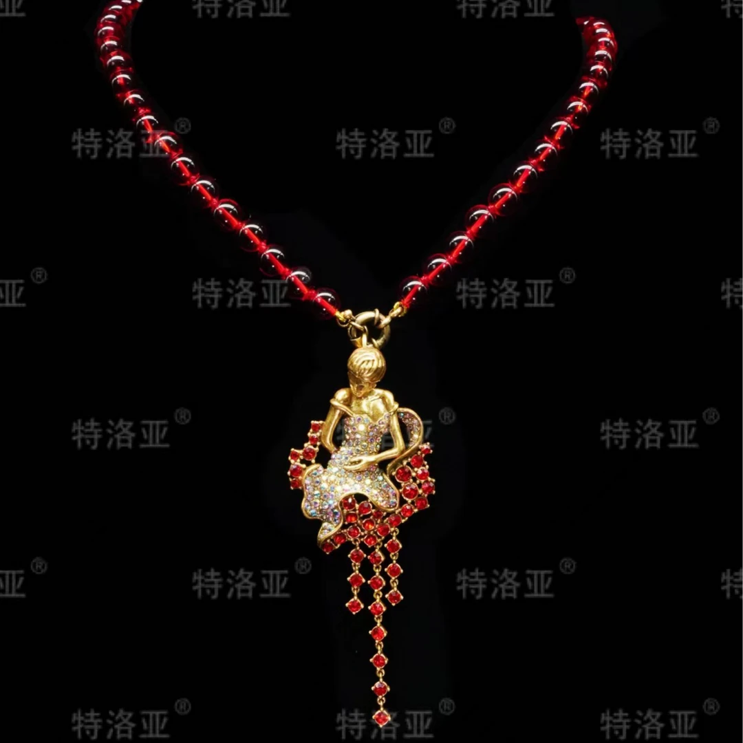 特洛亚 铜合金项链 复古红色气质轻奢经典个性百搭古风项链WJJ094