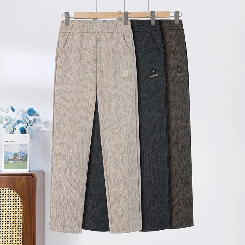 2025秋冬款妈妈裤高腰松紧腰宽松休闲毛呢裤中老年加绒加厚百搭裤