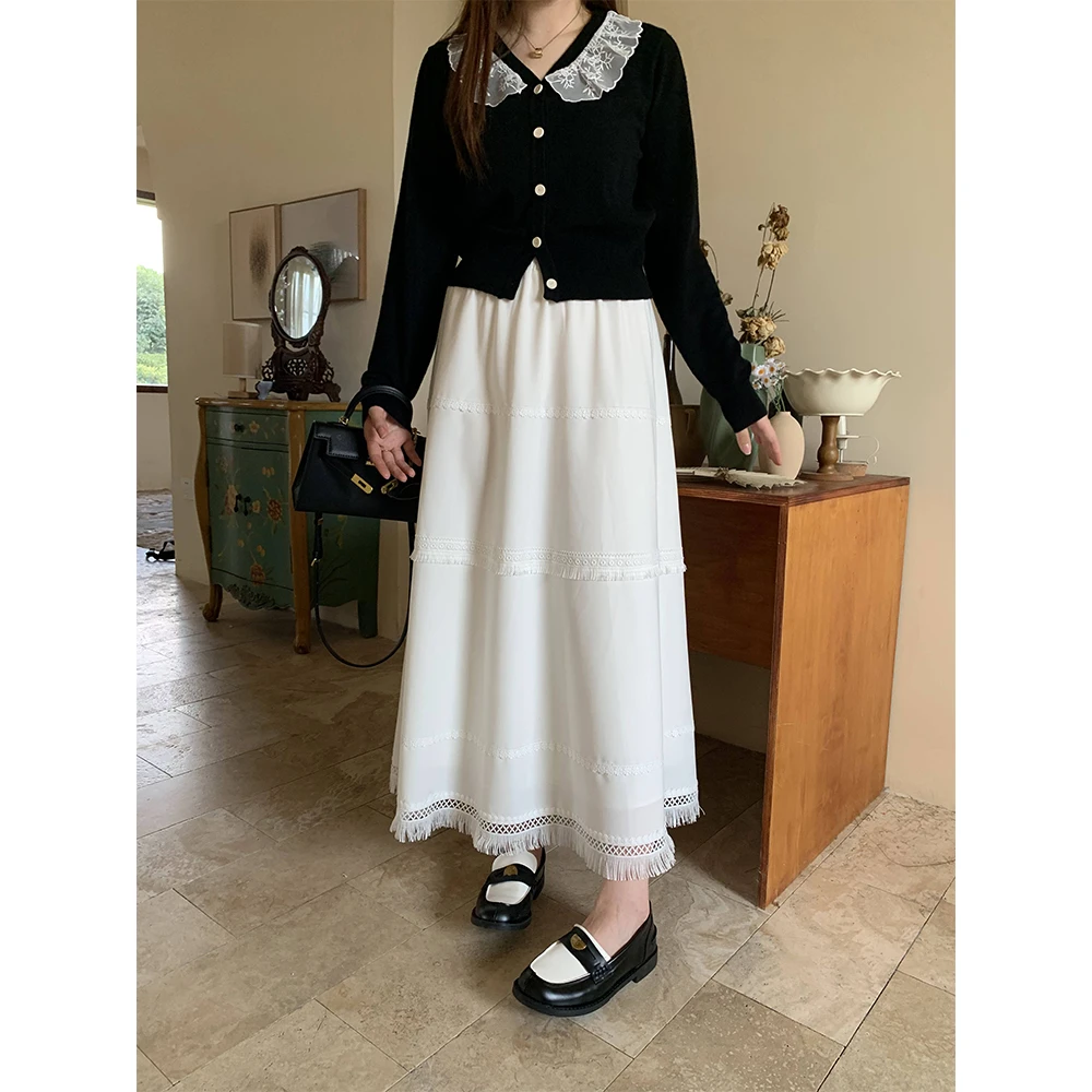 现货李潇洒【月光少女】 微胖大码拼接流苏花边高腰气质a字半身裙