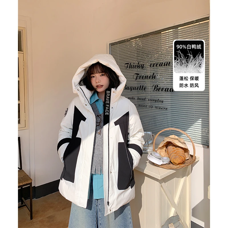 QC李潇洒微胖大码黑色连帽白鸭绒羽绒服女春宽松加厚工装派克服