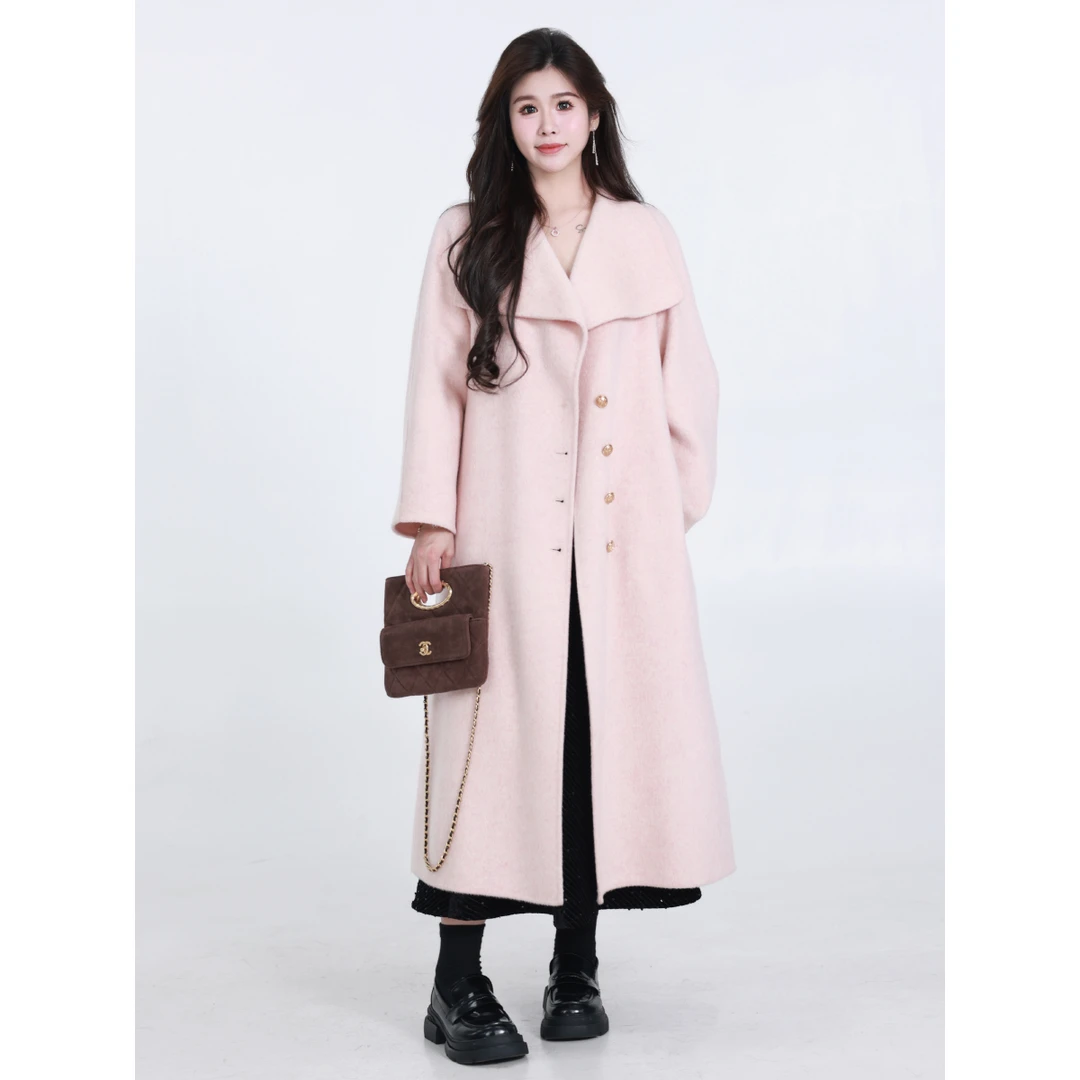 李潇洒妞妞【倾尽温柔】微胖大码女装冬设计感长款双面呢大衣XH