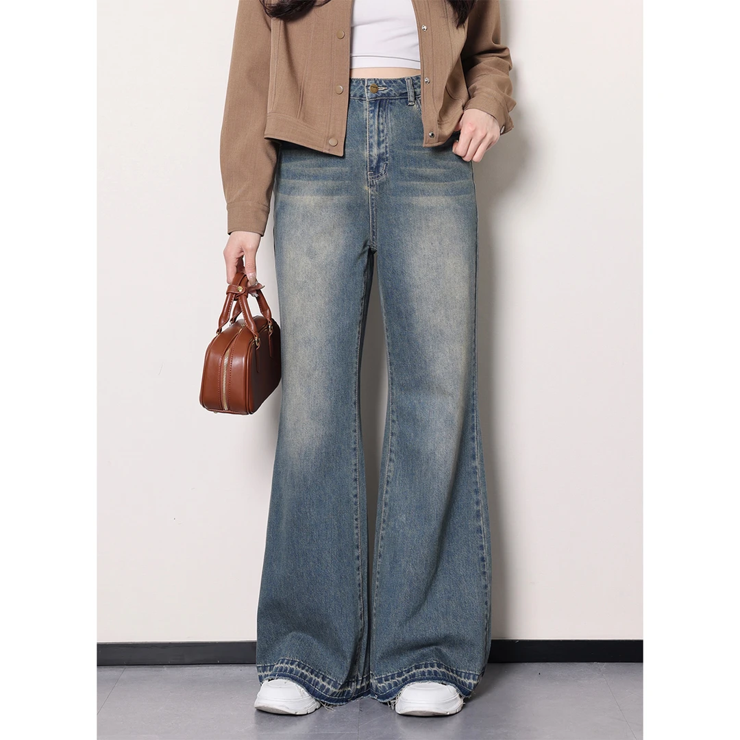 QC【漫感神裤】李潇洒微胖大码水做旧毛边裤宽松微喇显瘦阔腿牛仔裤