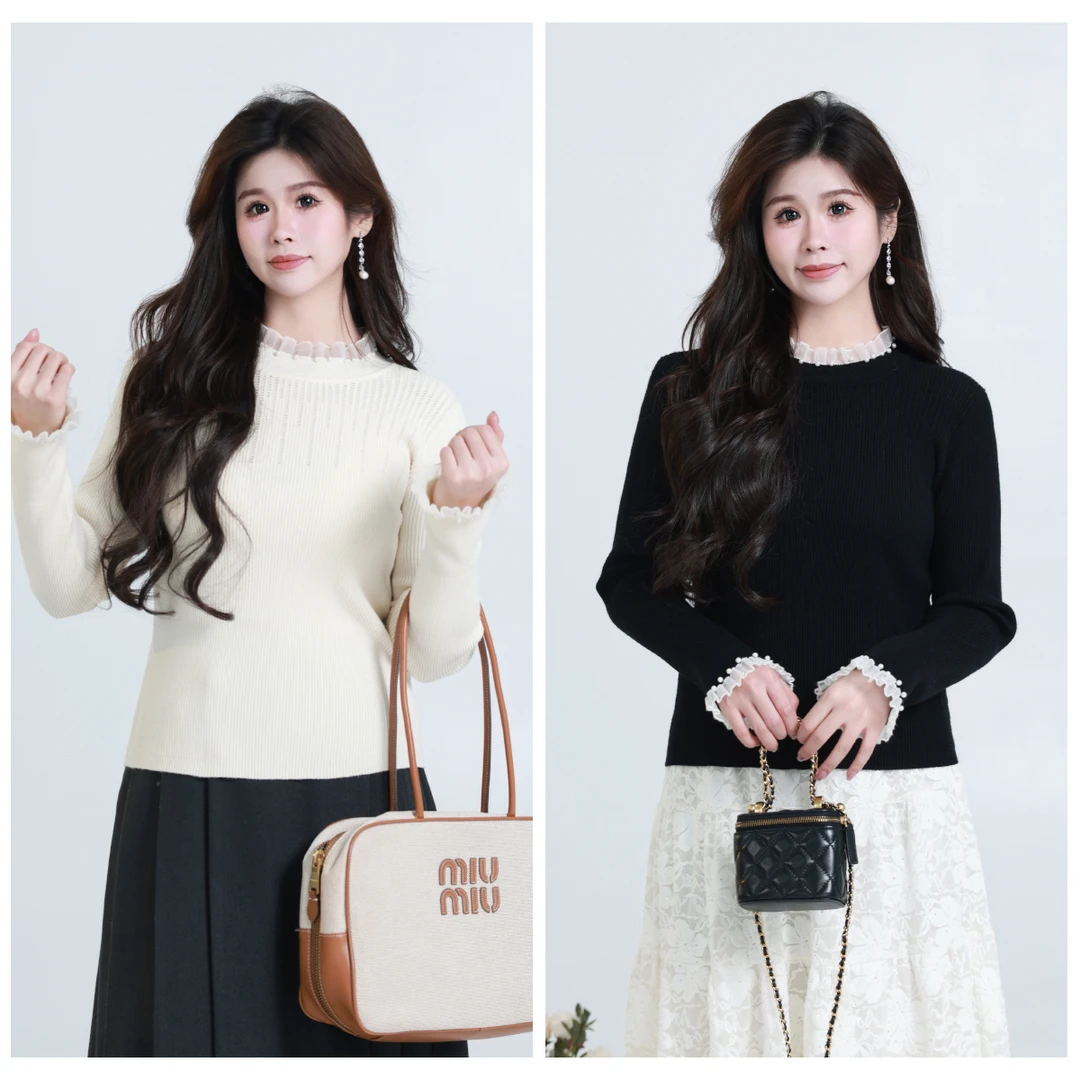 李潇洒微胖大码冬季女装半高领花边拼接蕾丝袖内搭木耳边针织毛衣