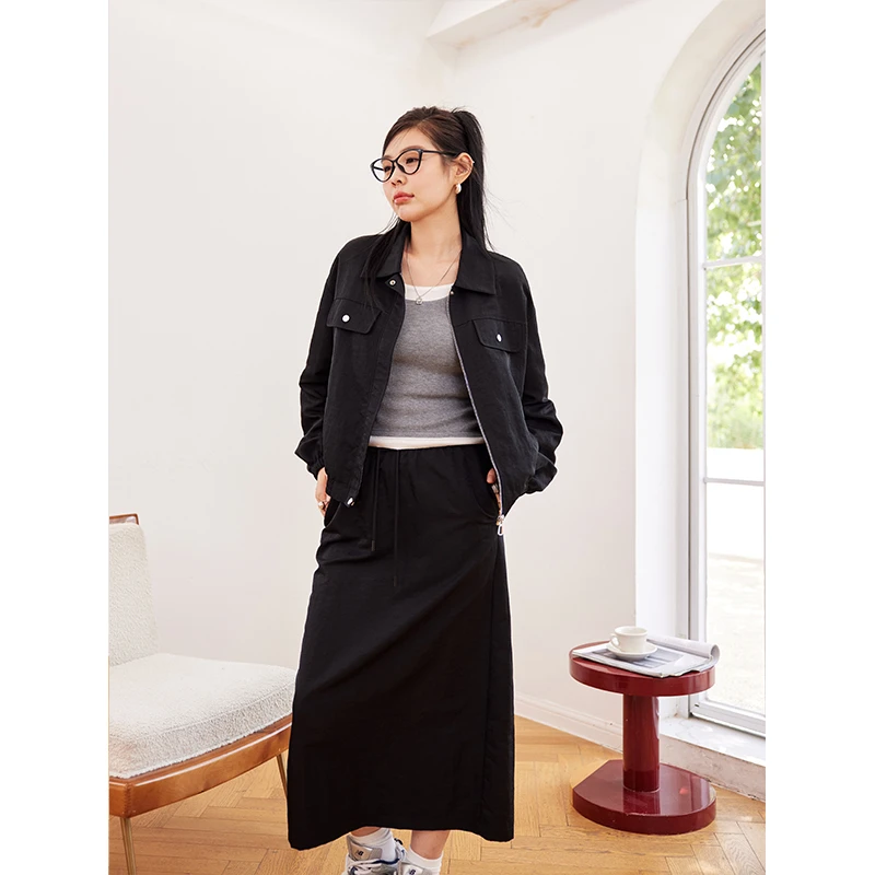 现货李潇洒微胖大码休闲夹克套装女秋工装短外套直筒半身裙两件套