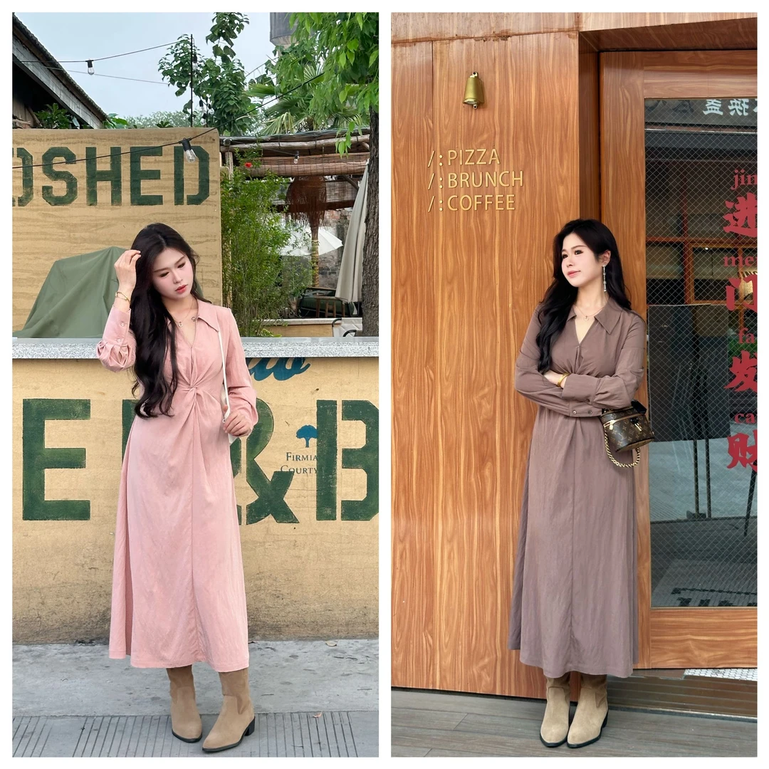 QC李潇洒【优雅启示录】微胖大码秋翻领交叉扭结抽褶藏肉长裙