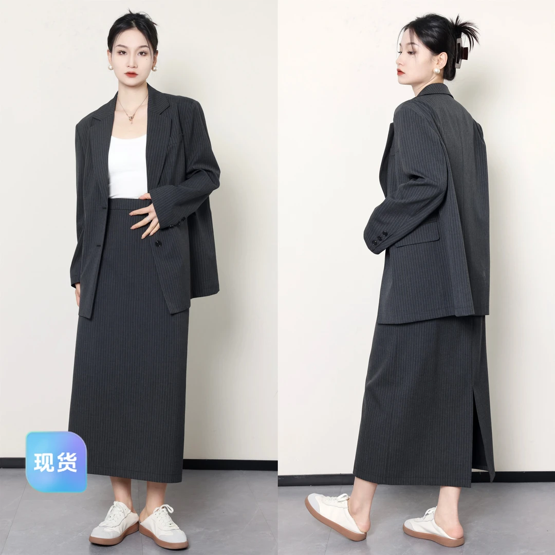 QC李潇洒【英式剧场】微胖大码女时尚条纹西装半裙套装ZY312L48