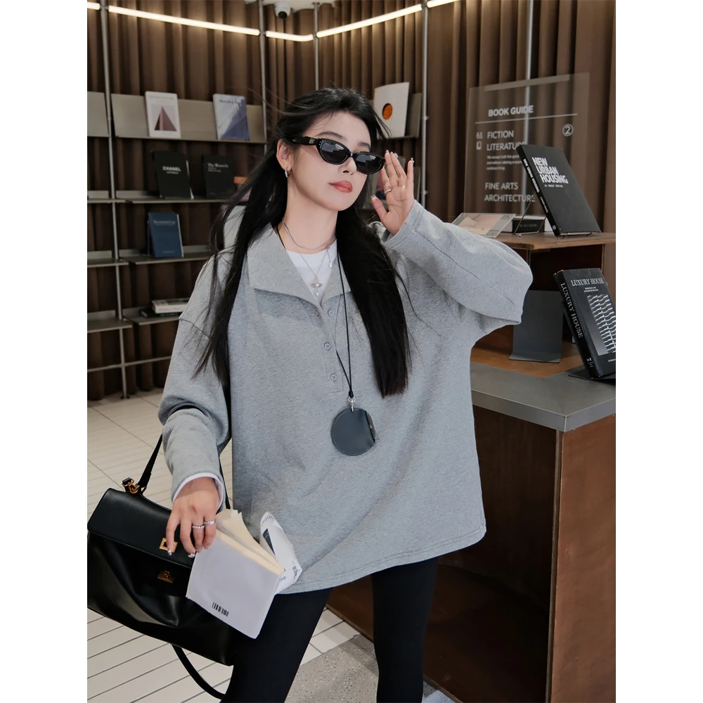 现货李潇洒微胖mm大码灰色简约polo领卫衣秋休闲百搭翻领纯色上衣