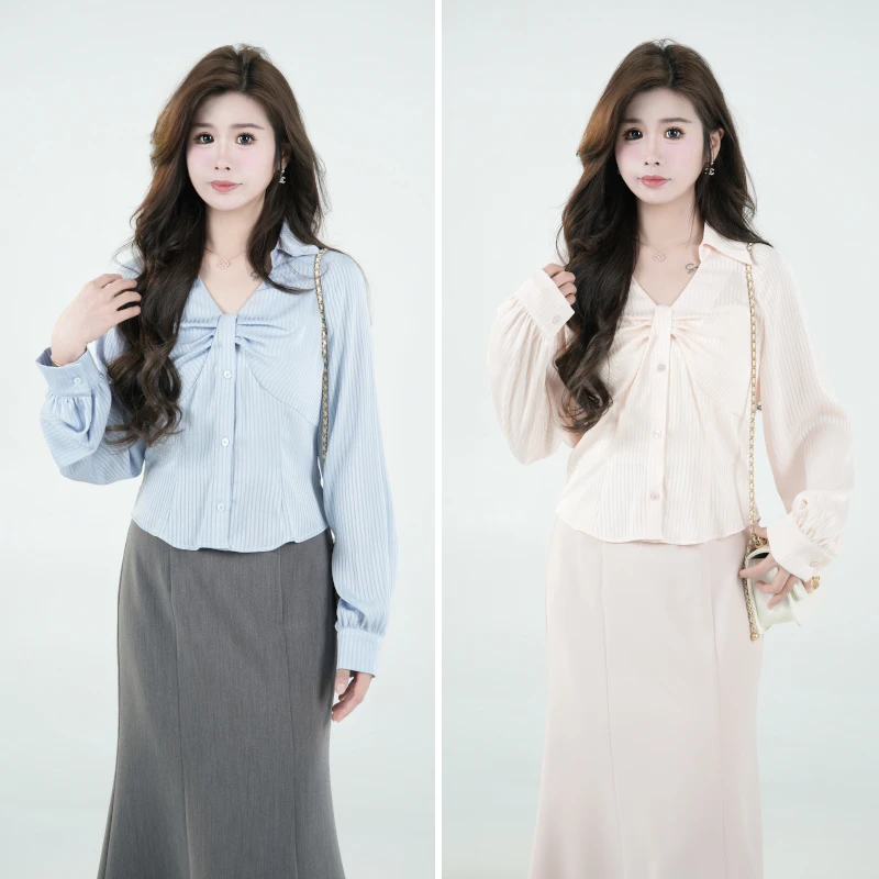 QC李潇洒妞妞【氧气苏打】微胖大码春简约条纹光泽感气质温柔衬衫