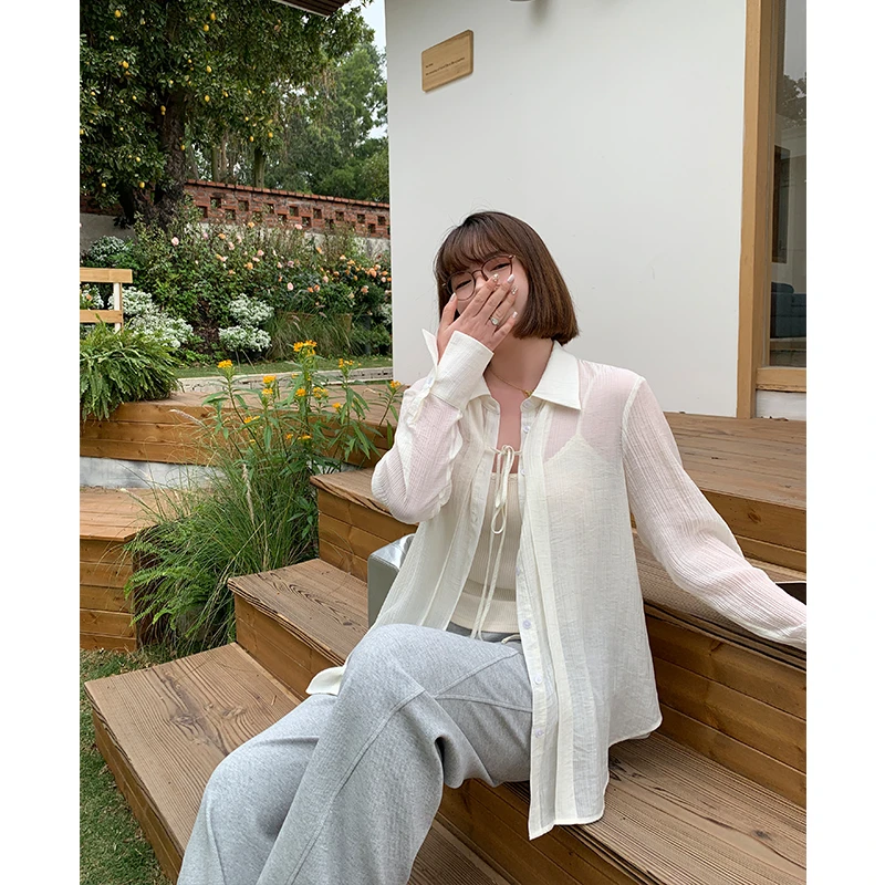 QC李潇洒 微胖大码蝴蝶结系带衬衫女季休闲薄款设计感长袖衬衣