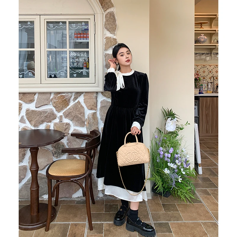 现货李潇洒微胖大码秋冬法式女系带气质百搭高级显瘦丝绒连衣裙