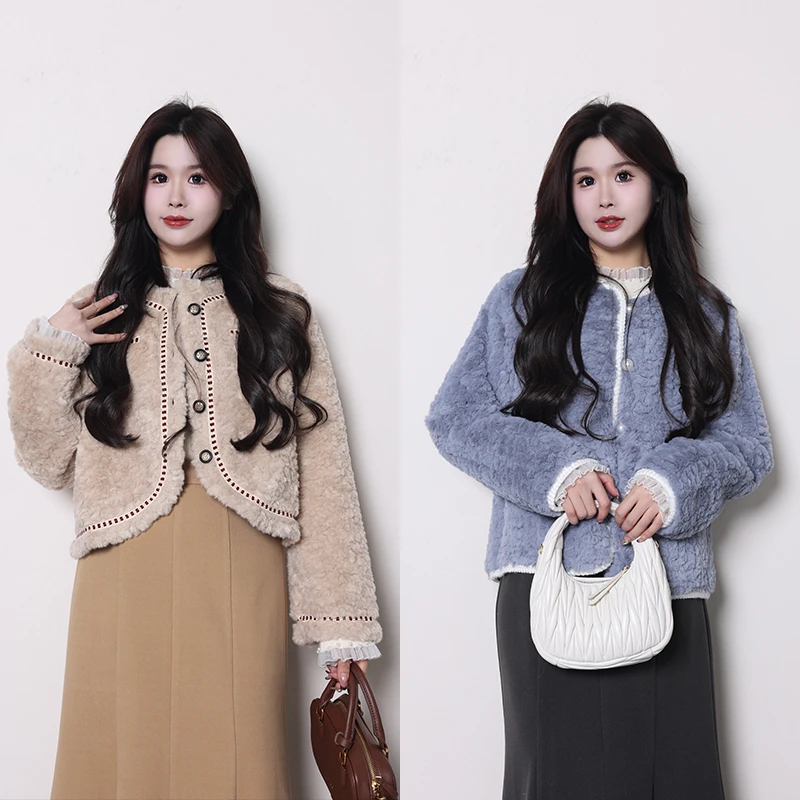 QC李潇洒微胖大码秋冬新款气质小香风女装甜美减龄毛绒短款外套