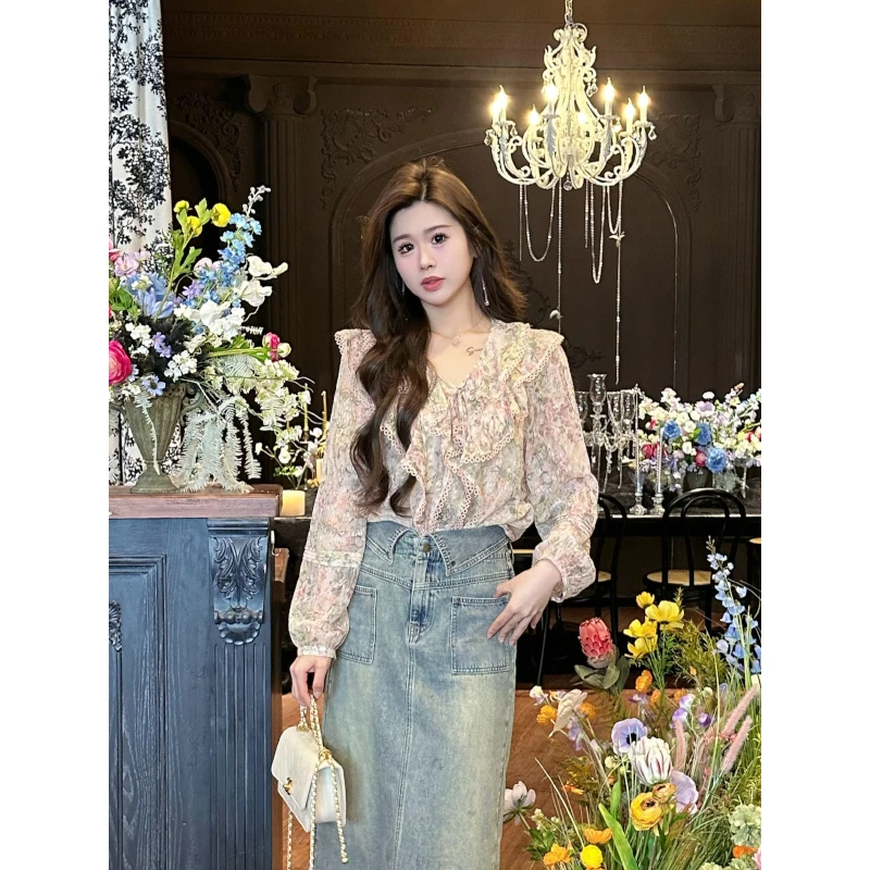 QC李潇洒妞妞【莫奈の画】微胖大码春夏新艺术感气质显瘦碎花衬衫