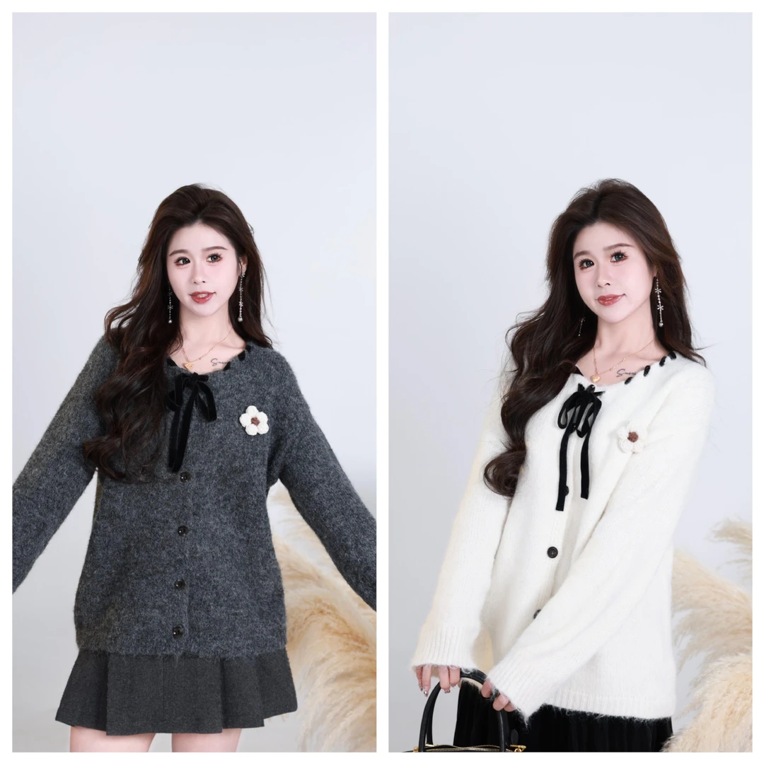 现货李潇洒 微胖大码秋冬甜美V领针织开衫手工花系带蝴蝶结毛衣