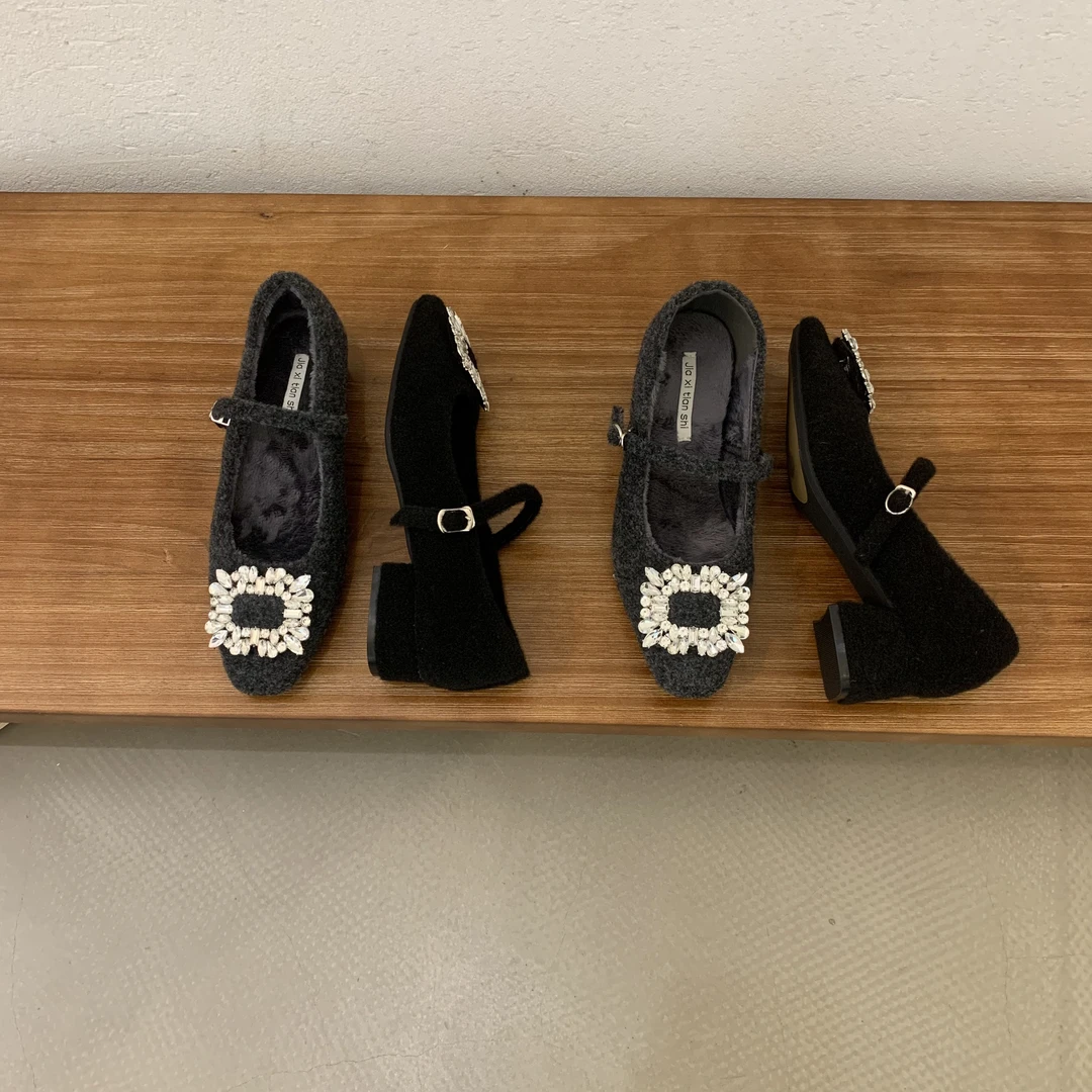 法式玛丽珍高跟平跟跟鞋单鞋平底百搭水钻瓢鞋女玛丽珍鞋气质粗跟