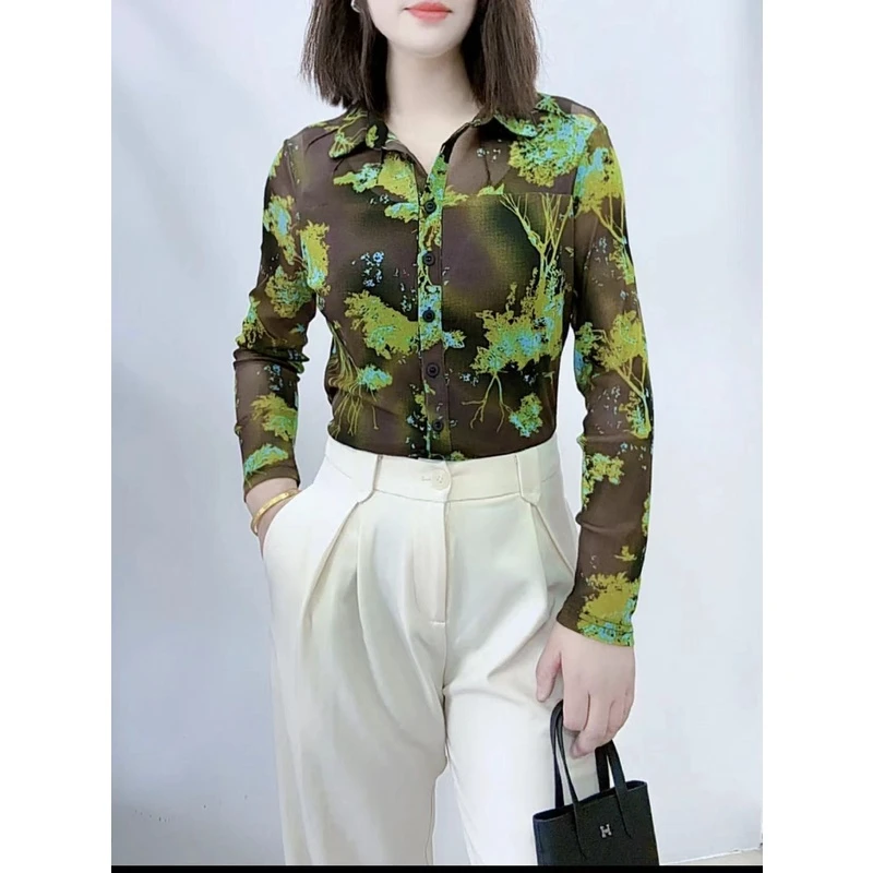 （二姐原创）网纱衬衫气质衬衣长袖复古百搭绿色几何图案印染