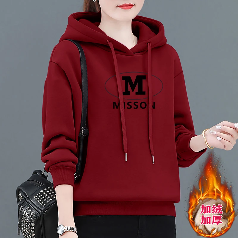 连帽卫衣女士秋冬新款休闲宽松洋气减龄套头加绒加厚印花上衣外套