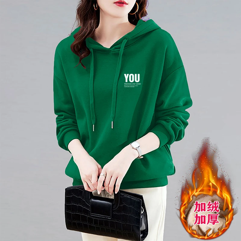 秋冬新款连帽套头卫衣女宽松显瘦加绒加厚带帽上衣高级感漂亮外套