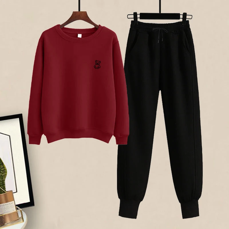 圆领卫衣套装女秋冬正肩百搭韩版中年休闲上衣长裤宽松显瘦两件套