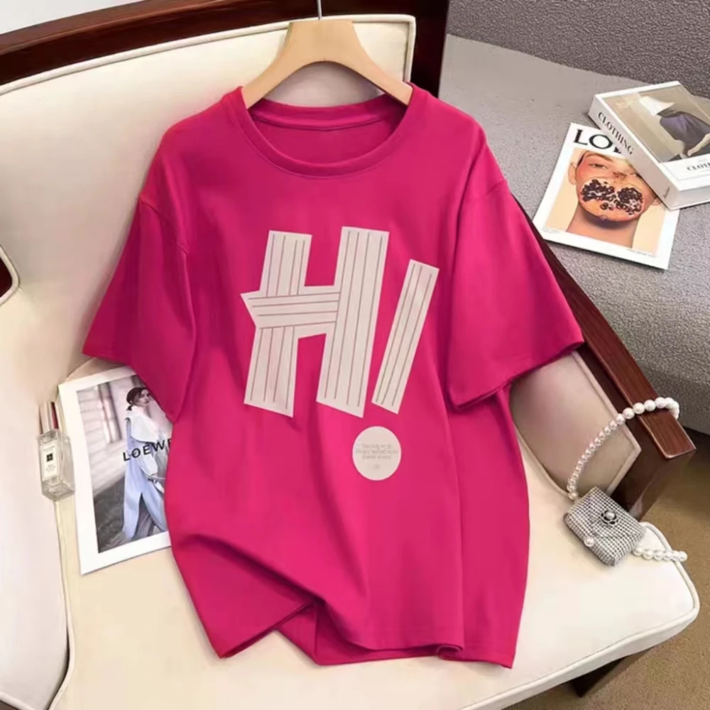 夏季美式复古火龙果色HI印花显白圆领t恤情侣款短袖ins休闲百搭