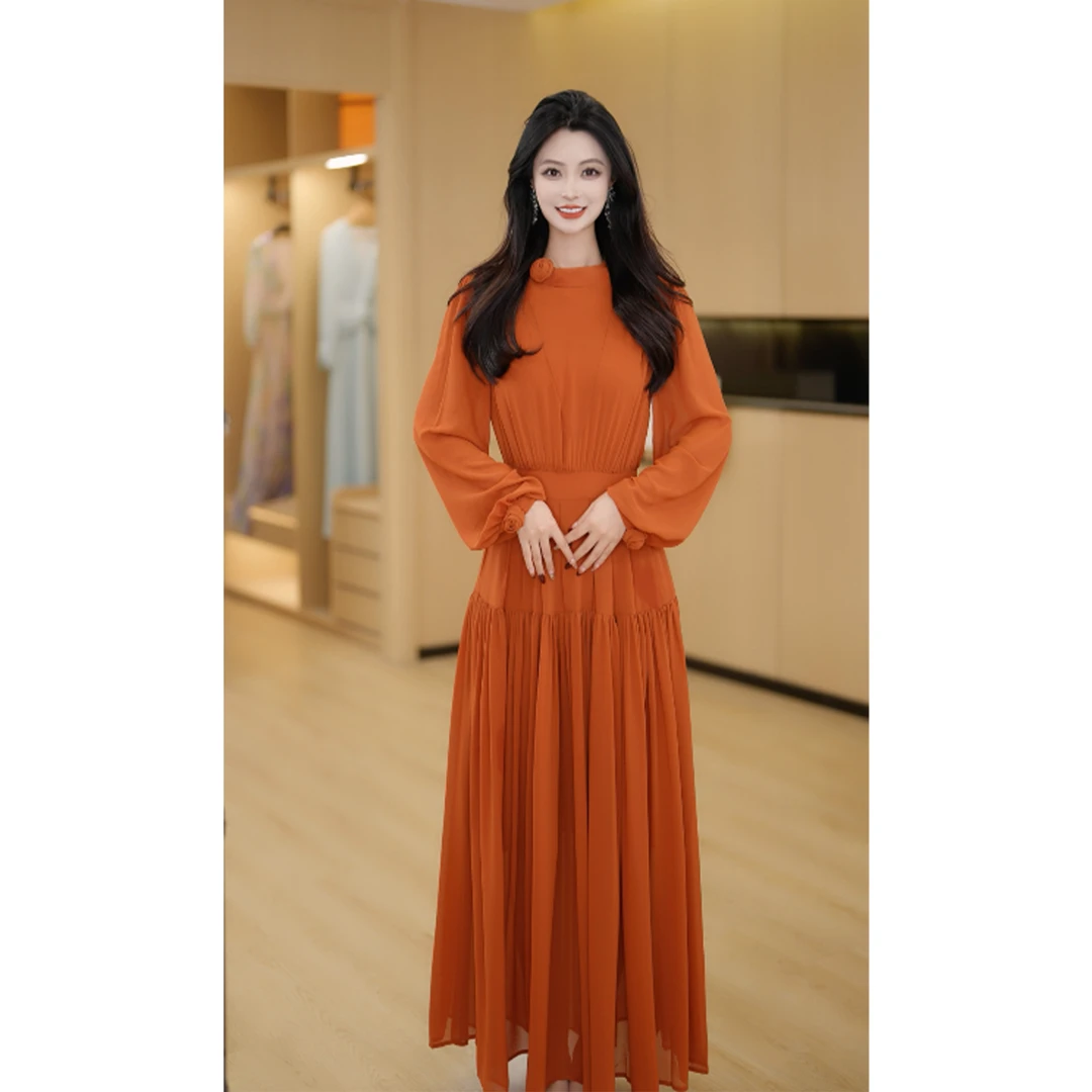 2025春新款优雅长袖轻奢温柔慵懒显瘦时尚长款气质遮肉连衣裙女