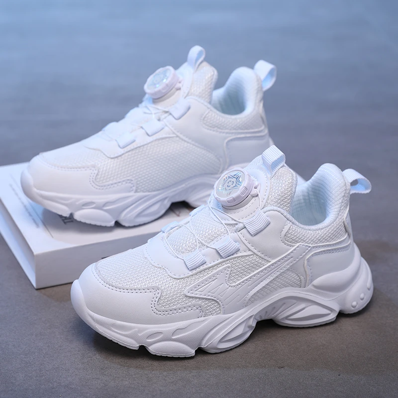 女孩运动鞋秋季新款网面学生运动小白鞋旋转扣皮面女孩白色运动鞋