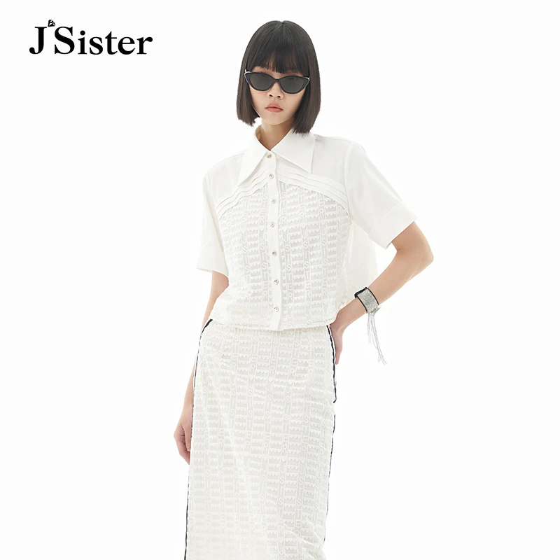jsister夏季新品衬衫 JS女装时尚白色蕾丝衬衣