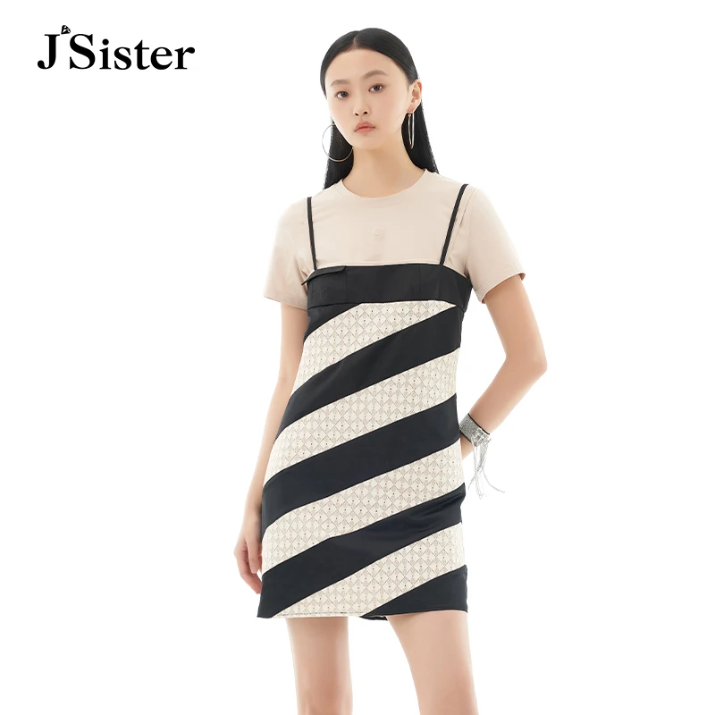 jsister夏季新品套装 JS女装时尚条纹拼接吊带裙
