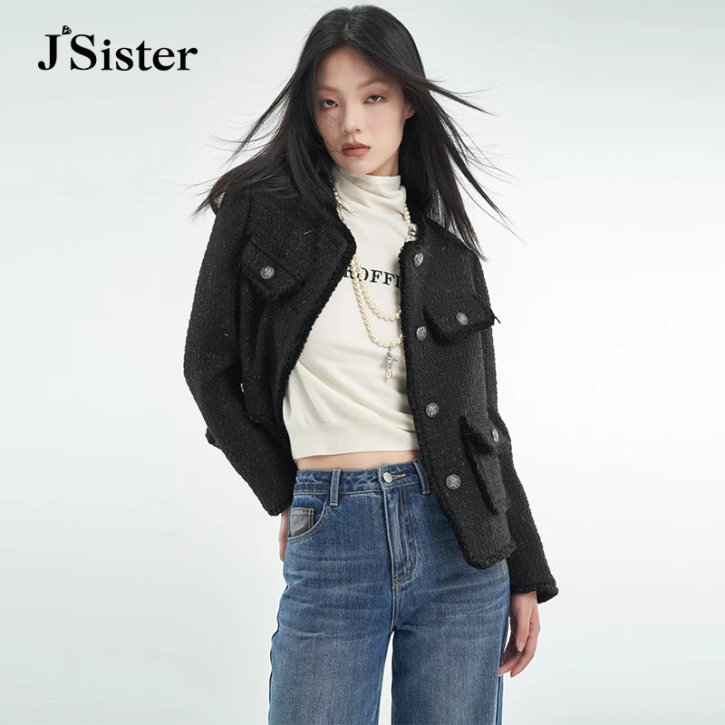 jsister春季新款外套 JS女装时尚百搭通勤金属扣小香风