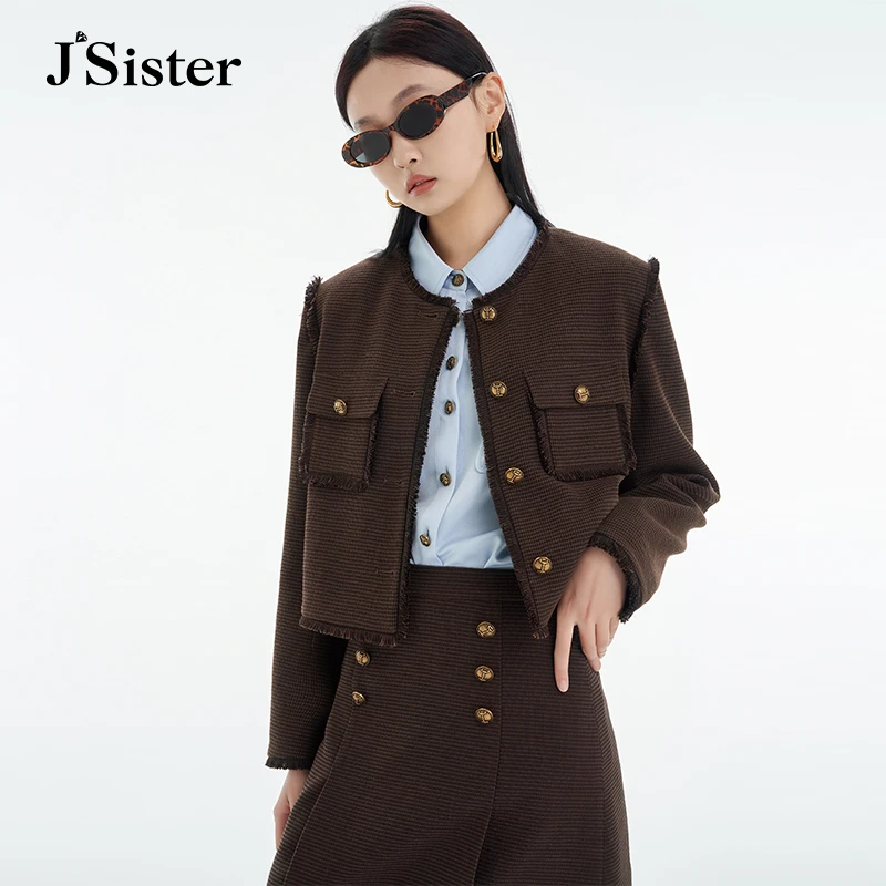 jsister秋季新款外套 JS女装时尚复古深咖小香风