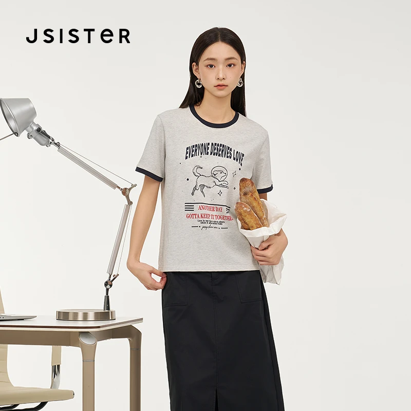 jsister夏季新品T恤 JS女装时尚休闲百搭印花圆领舒适短袖
