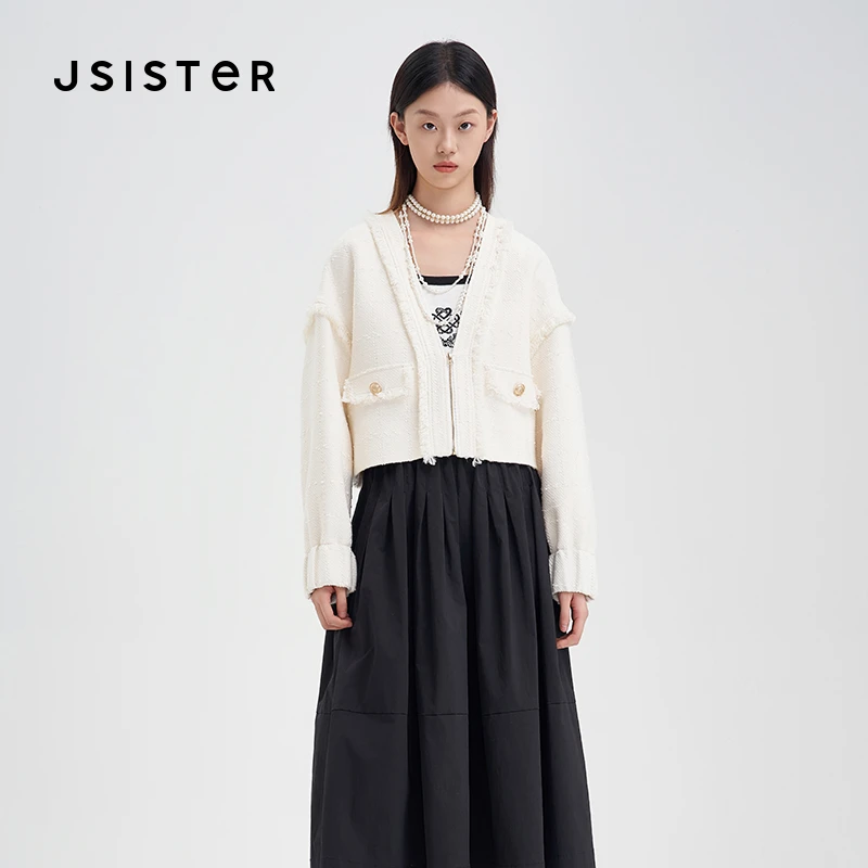 jsister秋季新款外套 JS女装时尚流苏V领外套