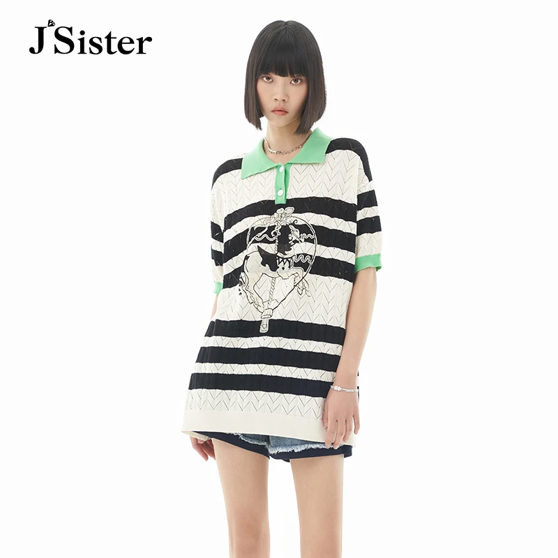 jsister夏季新品针织衫 JS女装时尚休闲设计师拼色印花上衣