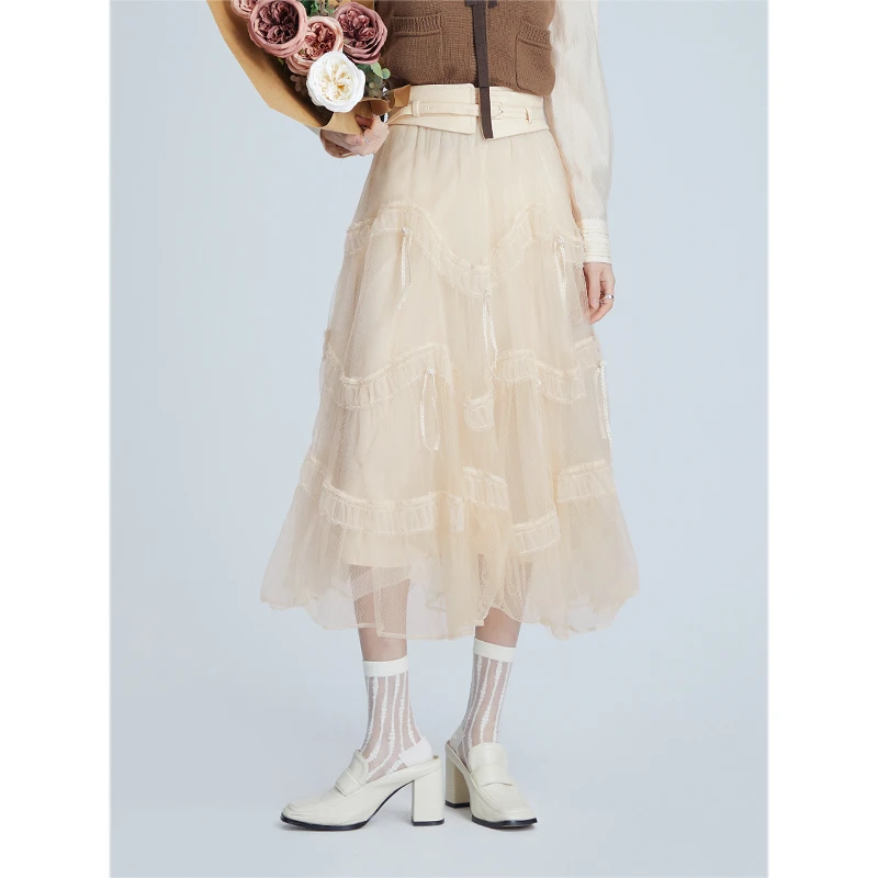 J03女装 秋季新款半身裙 时尚气质中长款网纱裙