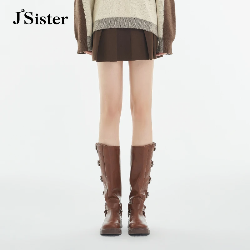 jsister秋季新款半身裙 JS女装时尚压褶A字短裙