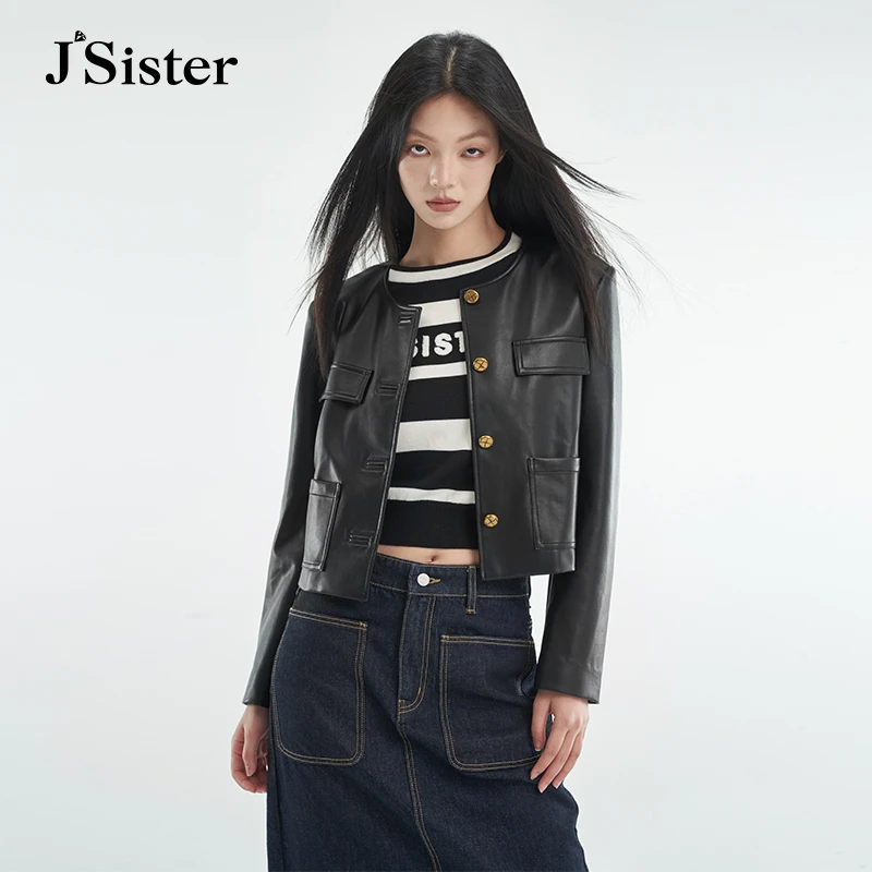 jsister秋季新款外套 JS女装时尚复古金属扣百搭PU皮衣
