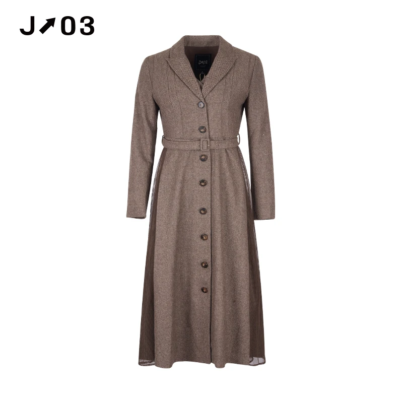 J03女装 秋冬新品毛呢外套 时尚复古风中长款修身拼接大衣