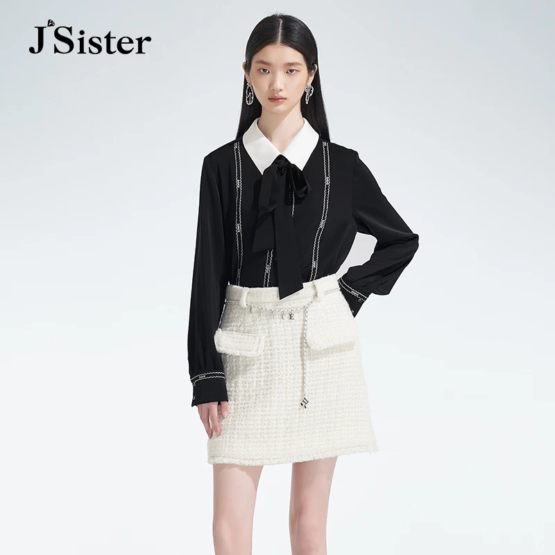 jsister 冬装新款 JS女装时尚气质黑色洋气法式衬衫