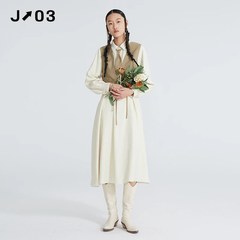 J03女装 春季新款套装 时尚收腰系带设计师马夹连衣裙两件套