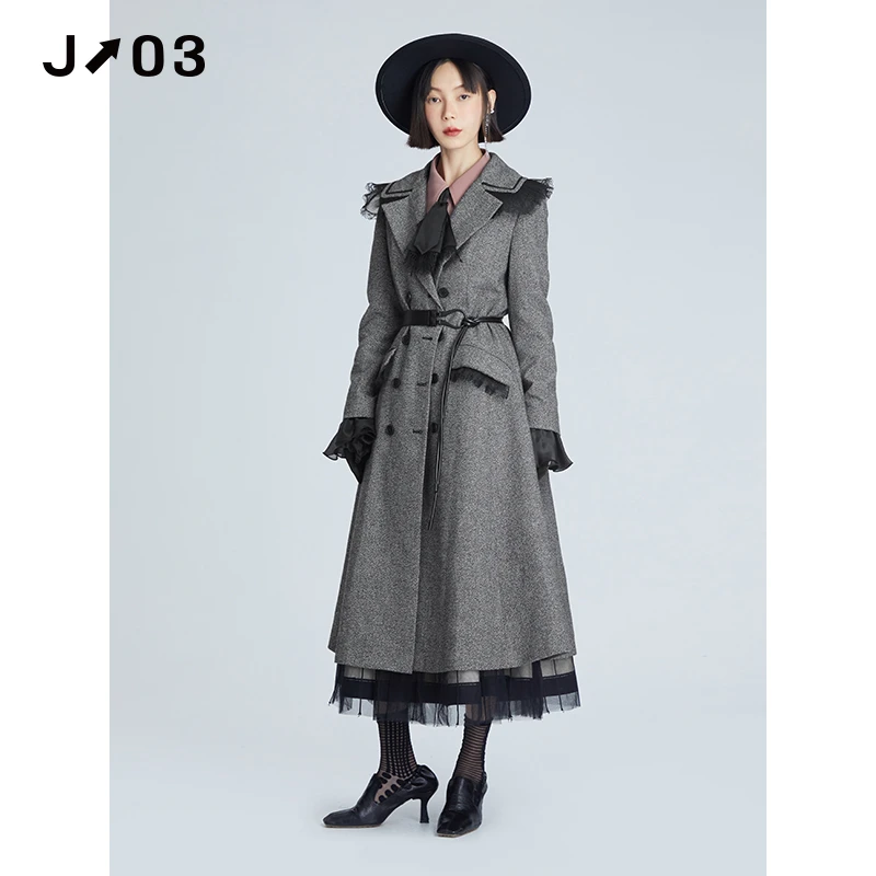 J03女装 秋季新款外套 时尚气质灰色中长款休闲风衣