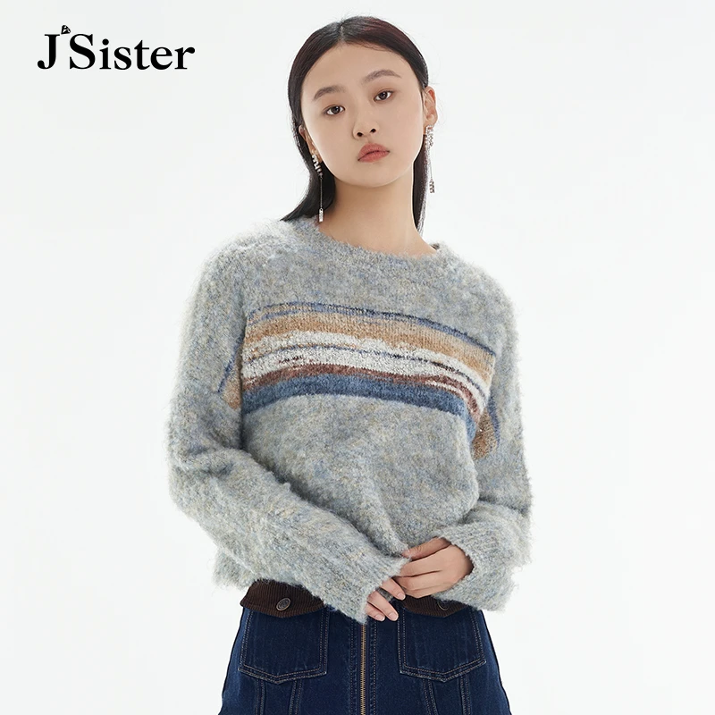 jsister秋季新款针织衫 JS女装时尚灰色慵懒风上衣