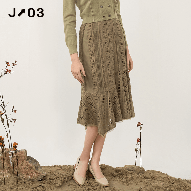 J03简约女装 春夏新款时尚气质复古蕾丝拼接中长款半身裙