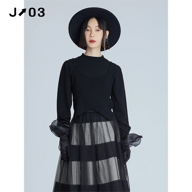 J03女装 秋季新款针织衫 时尚简约修身百搭真两件毛衫