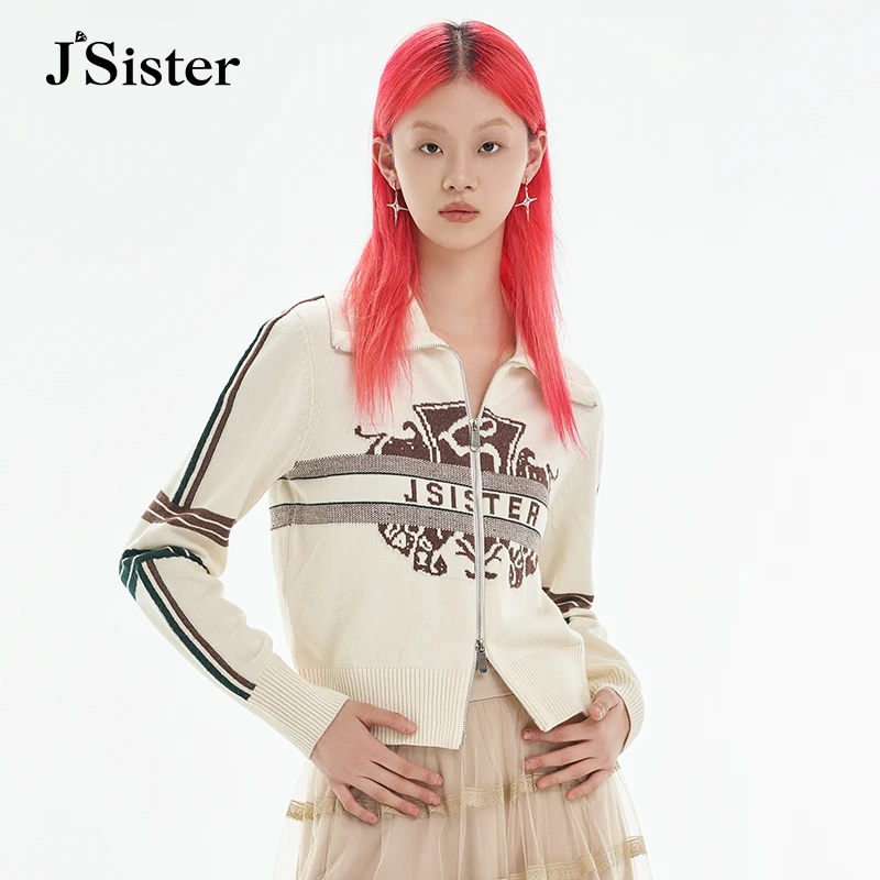 jsister秋季新款针织衫 JS女装时尚设计感米色提花上衣